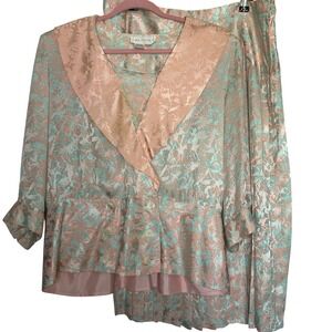 Silk Studio Size 16‎ 2 Piece Peplum Top Pleated Skirt Mint Green Peach Silk VTG